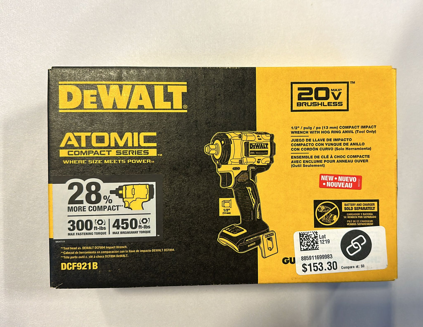 DEWALT ATOMIC 20V MAX* 1/2 in. Cordless Impact Wrench with Hog Ring Anvil (Tool Only) (DCF921B)