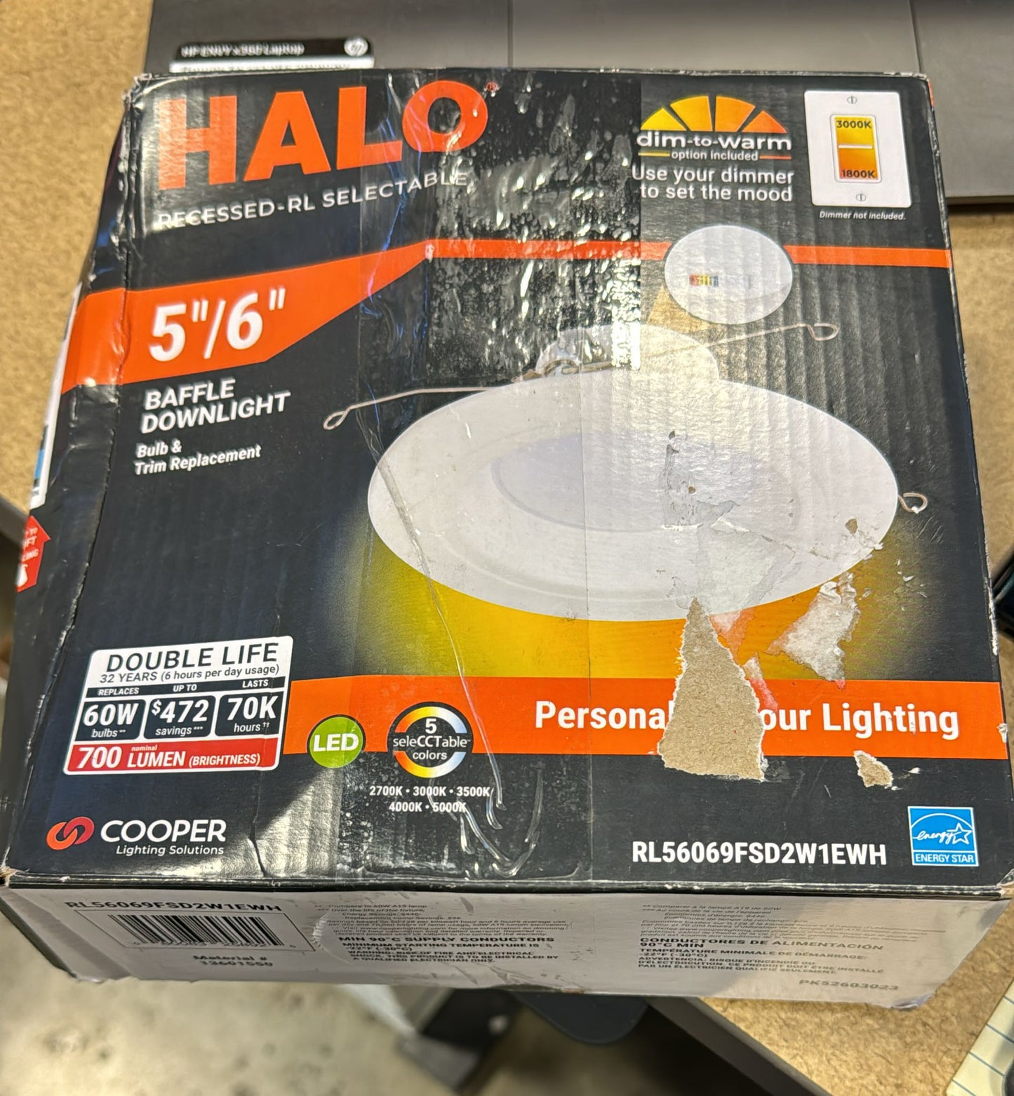 HALO RL Series 5/6 inch Recessed LED Retrofit Light, Selectable CCT (2700K-5000K) Integrated LED, Dim to Warm, White Retrofit Baffle Trim, 600 Lumens