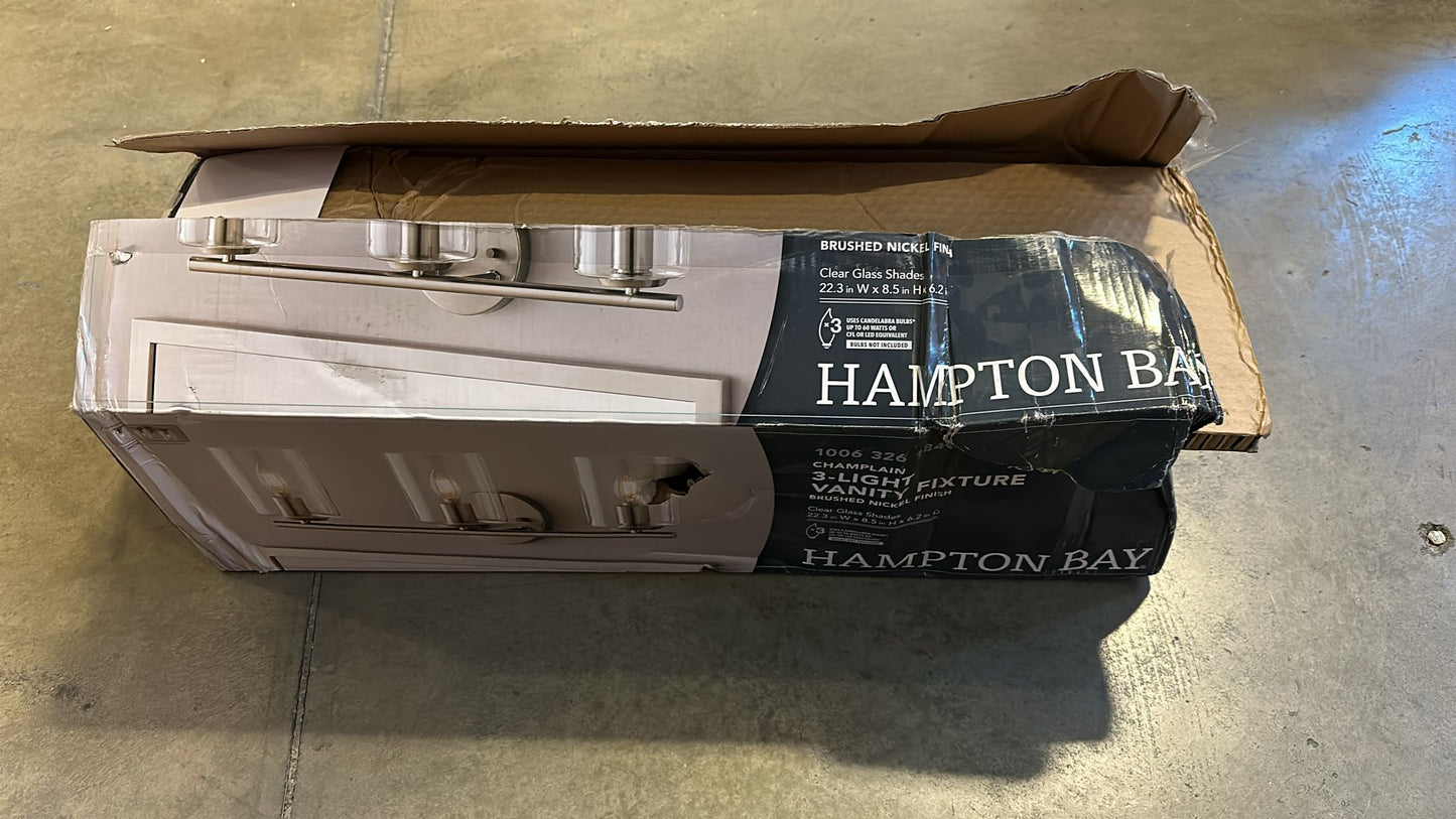 Hampton bay Champlain 22.375 in. 3-Light Brushed Nickel Modern Bathroom Vanity Light with Clear Glass Shades