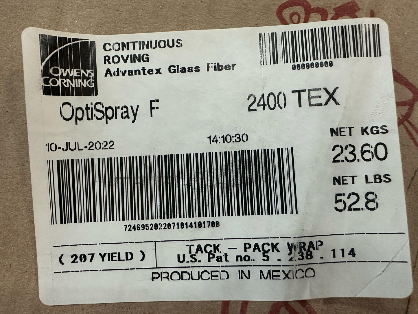 OWENS CORNING ROVING CONTINUOUS Advantex Glass Fiber OptiSpray F 2400 TEX 207 yield