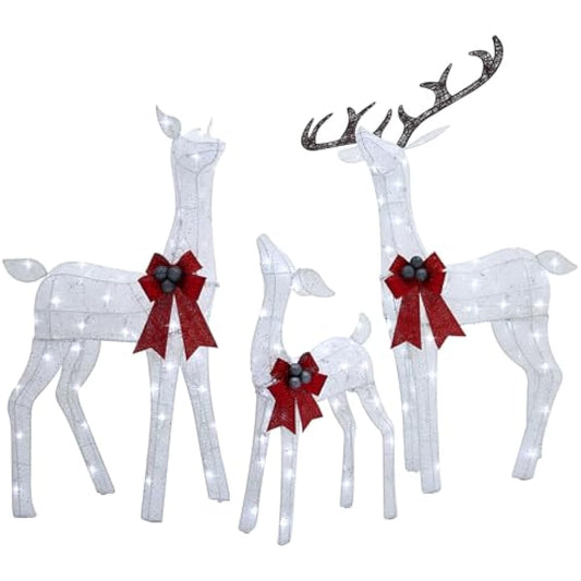 Gllabel 3 Piece Large Lighted Christmas Deer Family Set with Bell Bows - 57 in Buck, 47 in Doe & 29 in Fawn，Outdoor Holiday Yard Decorations