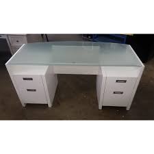 KATHY IRELAND OFFICE BY BUSH OUTLET NEW YORK SKYLINE 63" DOUBLE PEDESTAL DESK WITH BOW FRONT GLASS TOP