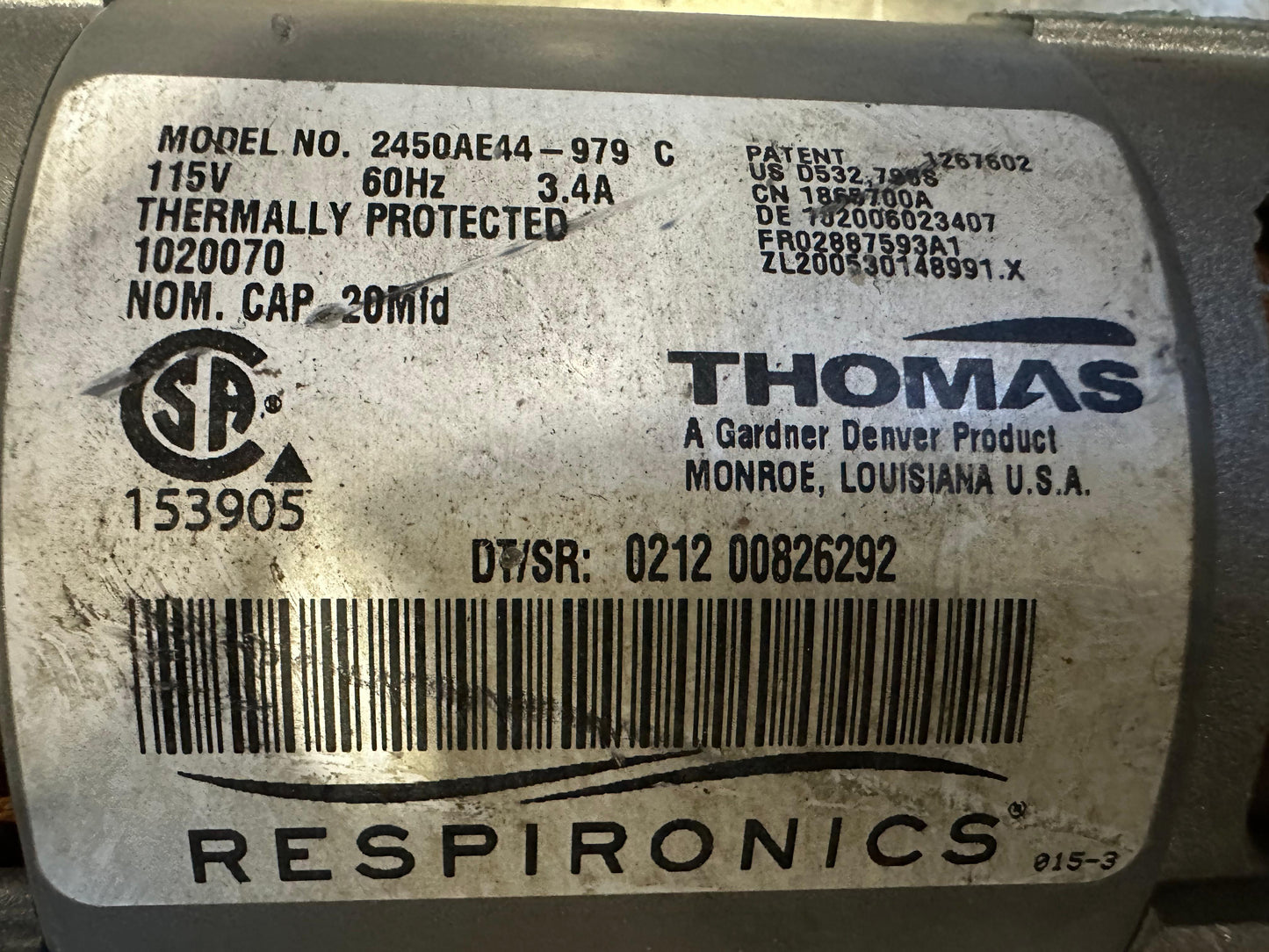 USED Electric Motor THOMAS 2450AE44-979 FASCO KS67050-01U Vacuum Air Comp 600279