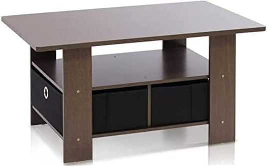 Furinno Coffee Table with Bins, Dark Brown/Black