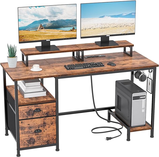 Furologee Computer Desk with Drawer and Power Outlets, 47" Office Desk with 2 Monitor Stands and Fabric File Cabinet