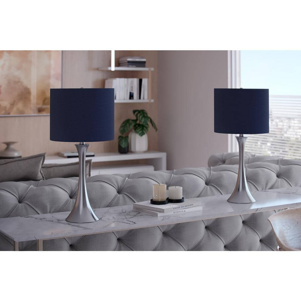 24.25 in. Brushed Nickel Table Lamp Set with Flared Body and Navy Linen Shade (2-Pack) ST90654CD-W