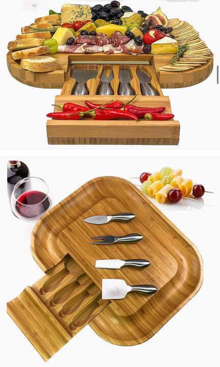 Solander Skelf Large Cheese Board and Knife Set - Stylish Charcuterie Board Set, Bamboo Housewarming Gifts New Home, Birthday Gifts for Women, or Wedding Gifts for Couples