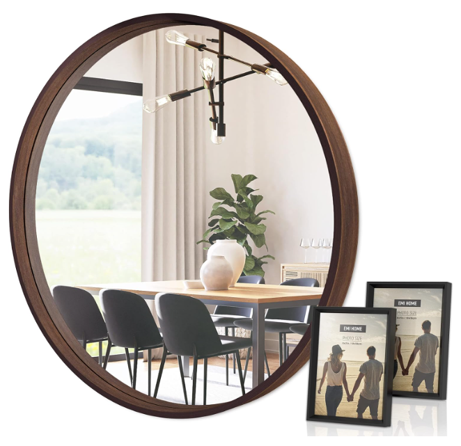 EMI HOME Round Decorative Wood Frame Wall Mirror, 30 Inch Diameter, Circle Mirror, Walunt Woodgrain Modern Wall Mirror Decor Foyer Living Room Decorations