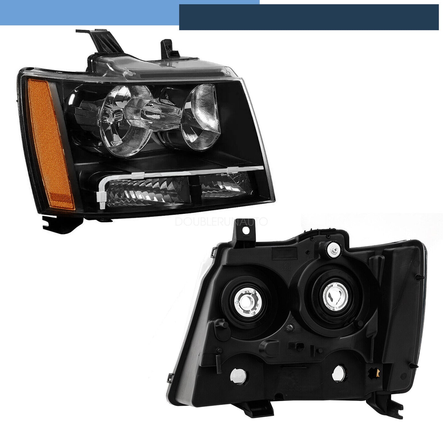 L+R, Blk+Amber Sides Headlights for 2007-14 Chevy Tahoe/Suburban/Avalanche