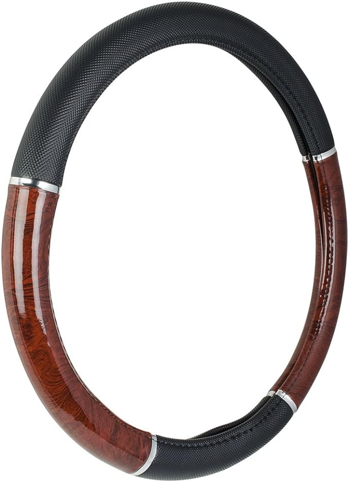 Black Steering Wheel Cover with Woodgrain Design and Chrome Trim