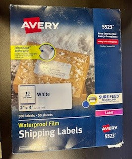 Avery Waterproof Labels with Ultrahold Permanent Adhesive, 2" x 4", Laser, 500 Labels