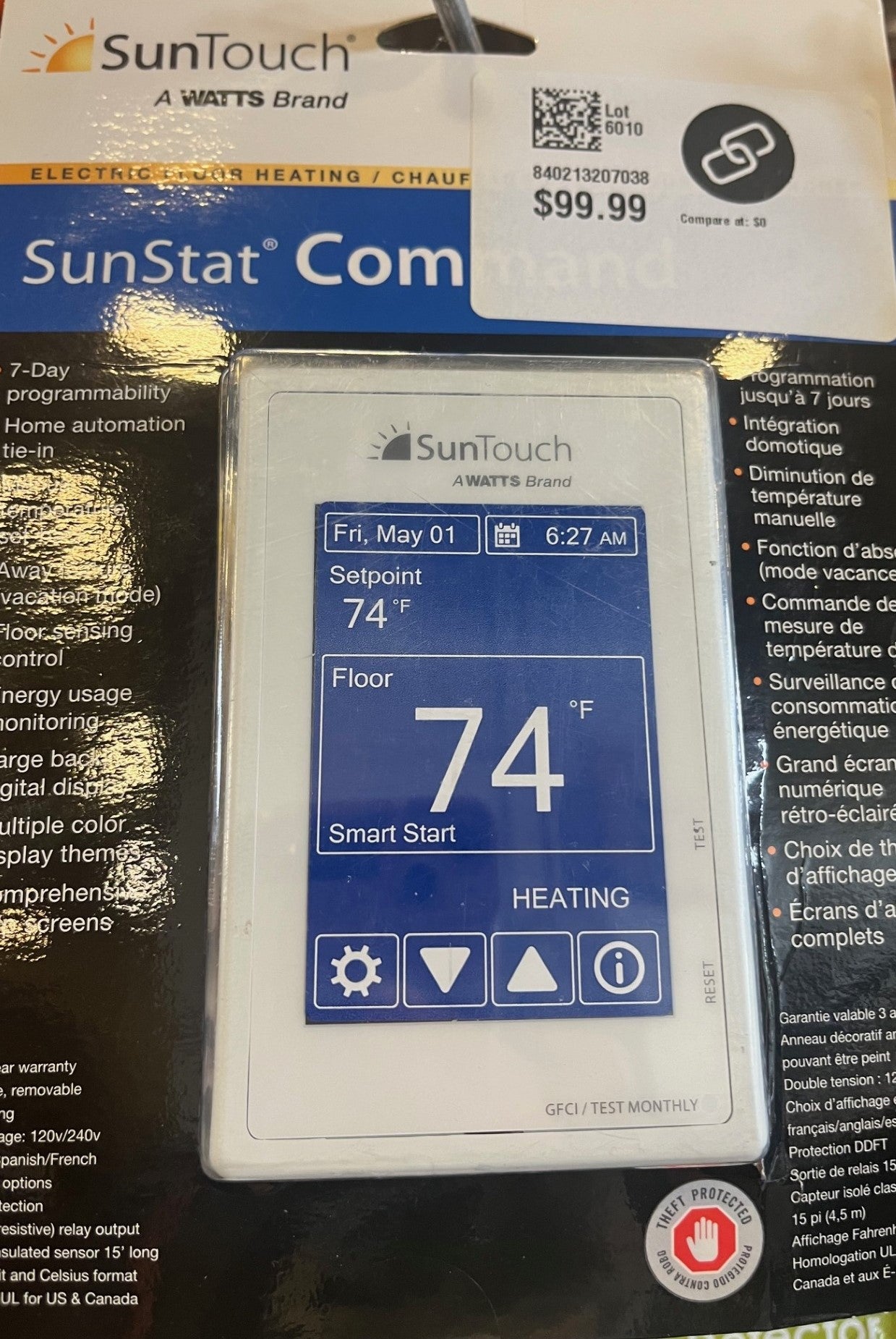 SunTouch Command Touchscreen Programmable Thermostat [universal] Model 500850 (low-profile, user-friendly floor heat control, 120/240V, bright white + paintable beauty ring) includes floor sensor