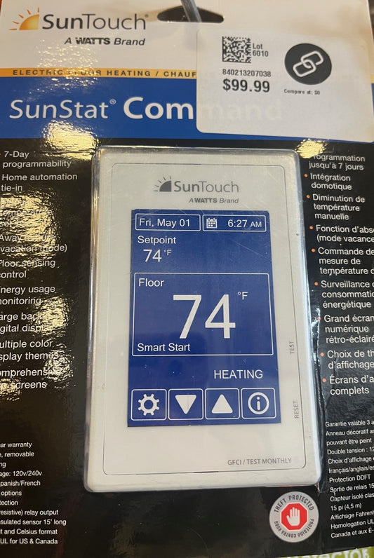 SunTouch Command Touchscreen Programmable Thermostat [universal] Model 500850 (low-profile, user-friendly floor heat control, 120/240V, bright white + paintable beauty ring) includes floor sensor